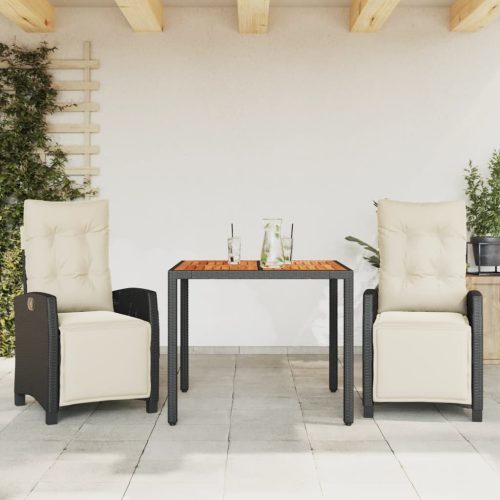 3 részes fekete polyrattan kerti étkezőgarnitúra párnákkal