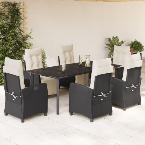 7 részes fekete polyrattan kerti étkezőgarnitúra párnával