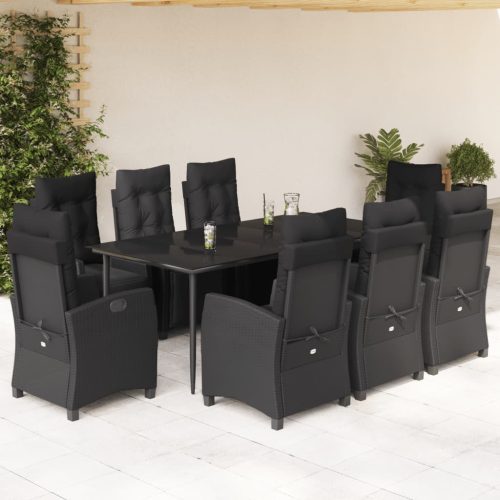 9 részes fekete polyrattan kerti étkezőgarnitúra párnákkal