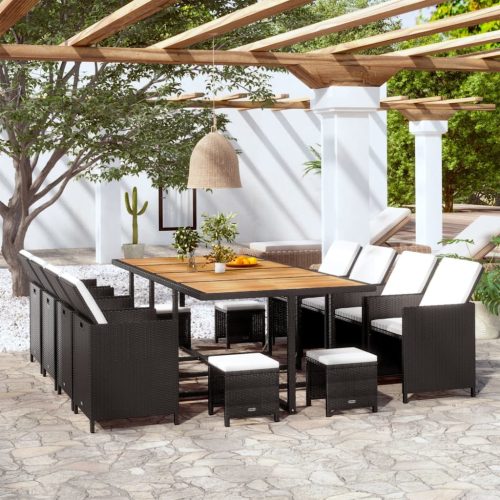 13 darabos fekete kültéri polyrattan és akácfa étkezőszett