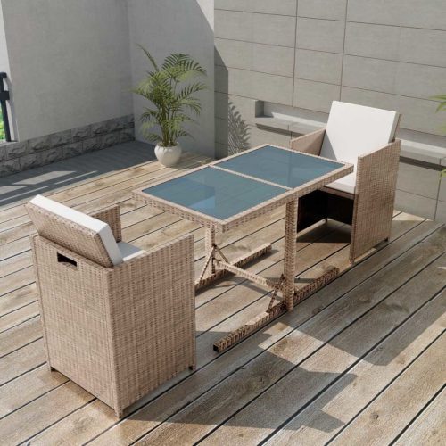 3 darabos bézs polyrattan bisztrószett párnákkal