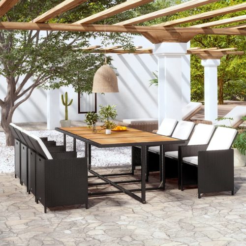 13-részes fekete polyrattan kültéri étkezőszett párnákkal