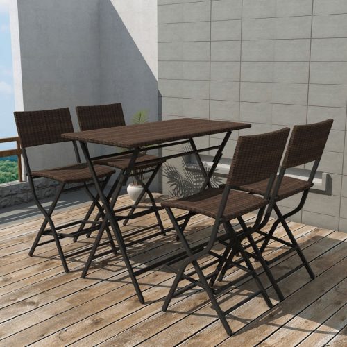 5-részes barna kerti polyrattan/acél összecsukható étkezőszett