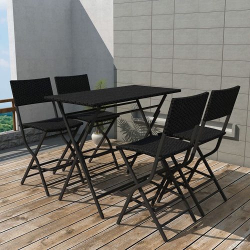 5-részes fekete kerti polyrattan/acél összecsukható étkezőszett