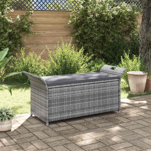 Szürke polyrattan tárolópad párnával 138 cm