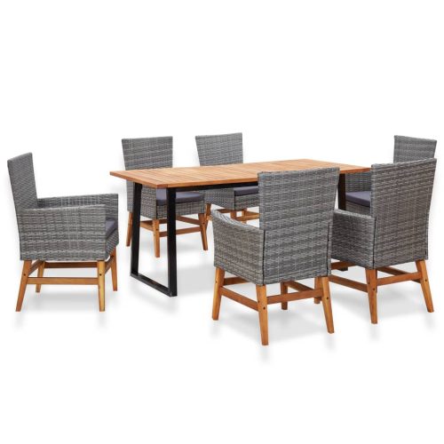 7 részes szürke polyrattan és akácfa kültéri étkezőszett