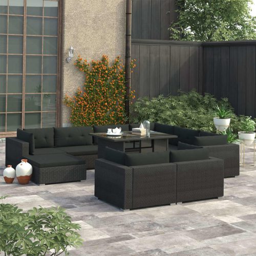 10-részes fekete polyrattan kerti bútorszett párnákkal