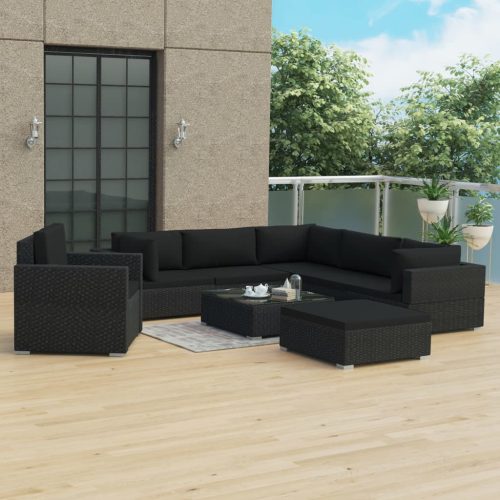 8-részes fekete polyrattan kerti bútorszett párnákkal