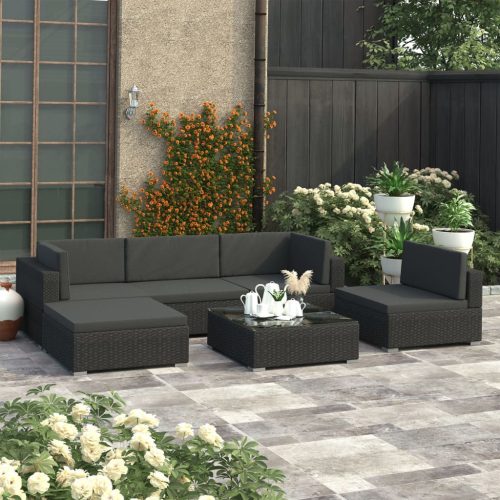 6 részes fekete polyrattan kerti ülőgarnitúra párnákkal