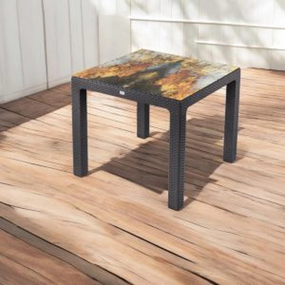 Rattan asztal színesüveg, barna, 90x90cm
