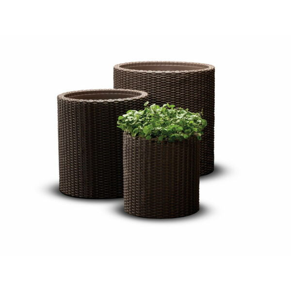S+M+L Cylinder planters műrattan kaspó szett, whiskey barna színű